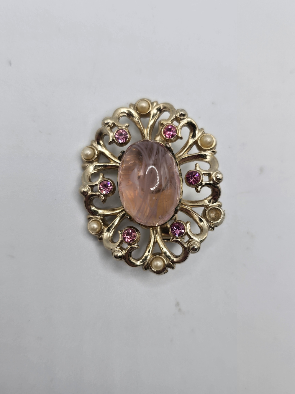 Vintage Signed CORO Pink Cabochon Brooch Rhinestone Pearl Antique Revival Pin